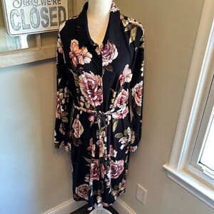 Lularoe Ellie Rose Floral Print Long Sleeve Tie Waist Button Down Midi Dress NWT